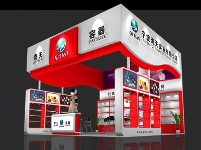 36平米展臺設(shè)計制作：三面開口/現(xiàn)代/木質(zhì)結(jié)構(gòu)/紅色，為美博會展商而作（免費使用）
