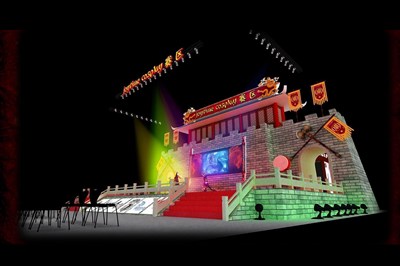 720平米展臺設(shè)計(jì)制作：四面開口/中式/木質(zhì)結(jié)構(gòu)/彩色，為舞臺開幕式展商而作（免費(fèi)使用）