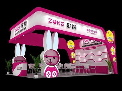 54平米展臺設計制作：三面開口/卡通/木質結構/粉色，為文具圖書展展商而作（免費使用）