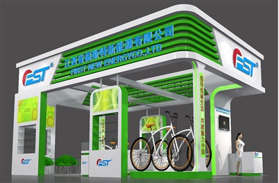 54平米展臺設計制作：三面開口/中式/木質(zhì)結(jié)構(gòu)/綠色，為單/摩托車展商而作（免費使用）