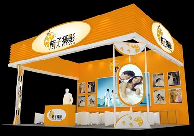48平米展臺設(shè)計制作：三面開口/現(xiàn)代/木質(zhì)結(jié)構(gòu)/橙色，為婚博會展商而作（免費使用）