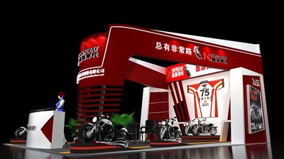 54平米展臺設計制作：三面開口/現(xiàn)代/桁架結(jié)構(gòu)/紅色，為單/摩托車展商而作（免費使用）