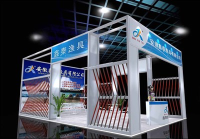 50平米展臺設(shè)計制作：三面開口/現(xiàn)代/木質(zhì)結(jié)構(gòu)/藍色，為釣具展展商而作（免費使用）