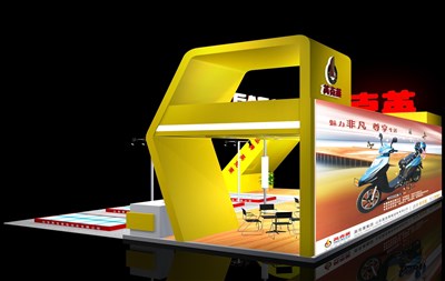 216平米展臺設計制作：三面開口/中式/型材結(jié)構(gòu)/橙色，為單/摩托車展商而作（免費使用）