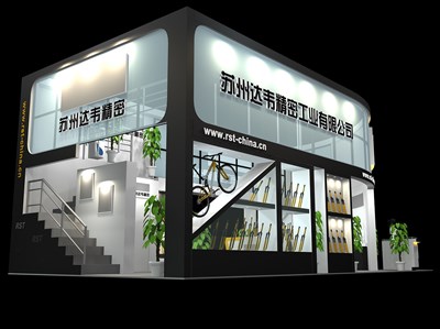 72平米展臺設(shè)計制作：一面開口/中式/雙層結(jié)構(gòu)/藍(lán)色，為單/摩托車展商而作（免費使用）