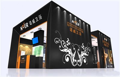81.6平米展臺(tái)設(shè)計(jì)制作：三面開口/現(xiàn)代/木質(zhì)結(jié)構(gòu)/黑色，為衛(wèi)浴展展商而作（免費(fèi)使用）