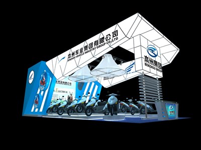 72平米展臺設(shè)計制作：三面開口/前衛(wèi)/型材結(jié)構(gòu)/藍色，為單/摩托車展商而作（免費使用）