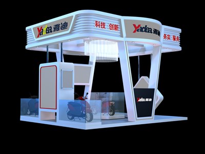 20平米展臺設(shè)計制作：四面開口/中式/桁架結(jié)構(gòu)/藍色，為單/摩托車展商而作（免費使用）