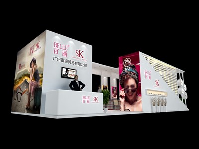 45平米展臺設(shè)計(jì)制作：三面開口/現(xiàn)代/木質(zhì)結(jié)構(gòu)/白色，為眼鏡展展商而作（免費(fèi)使用）