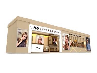 36平米展臺設(shè)計制作：一面開口/歐式/木質(zhì)結(jié)構(gòu)/米色，為眼鏡展展商而作（免費使用）
