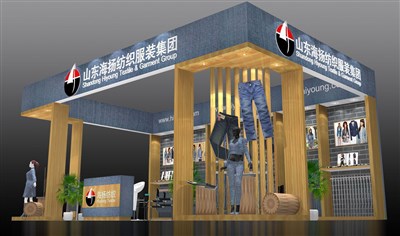 54平米展臺(tái)設(shè)計(jì)制作：三面開口/現(xiàn)代/木質(zhì)結(jié)構(gòu)/藍(lán)色，為服裝展展商而作（免費(fèi)使用）