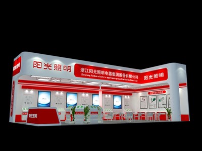 72平米展臺(tái)設(shè)計(jì)制作：二面開口/現(xiàn)代/木質(zhì)結(jié)構(gòu)/紅色，為照明展展商而作（免費(fèi)使用）