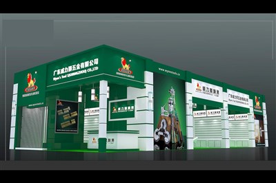 189平米展臺設(shè)計(jì)制作：二面開口/現(xiàn)代/木質(zhì)結(jié)構(gòu)/綠色，為五金展展商而作（免費(fèi)使用）