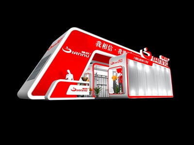 90平米展臺設(shè)計制作：二面開口/現(xiàn)代/木質(zhì)結(jié)構(gòu)/紅色，為服裝展展商而作（免費使用）