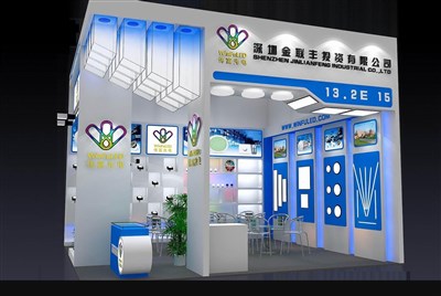 36平米展臺設(shè)計(jì)制作：二面開口/現(xiàn)代/木質(zhì)結(jié)構(gòu)/藍(lán)色，為照明展展商而作（免費(fèi)使用）