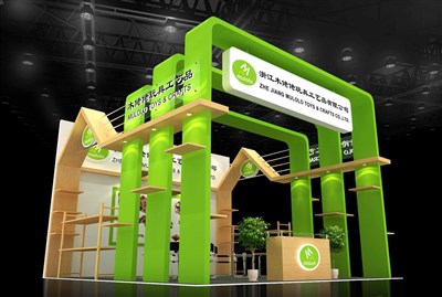 36平米展臺設計制作：二面開口/前衛(wèi)/木質(zhì)結構/綠色，為玩具展展商而作（免費使用）