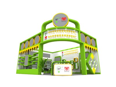 48平米展臺設計制作：一面開口/前衛(wèi)/木質結構/綠色，為玩具展展商而作（免費使用）