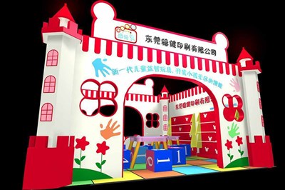 36平米展臺(tái)設(shè)計(jì)制作：二面開口/卡通/木質(zhì)結(jié)構(gòu)/紅色，為玩具展展商而作（免費(fèi)使用）