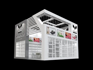 36平米展臺設計制作：一面開口/現(xiàn)代/木質(zhì)結構/白色，為鞋箱包展展商而作（免費使用）