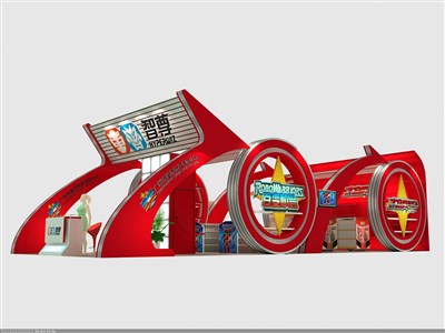 90平米展臺設計制作：三面開口/現(xiàn)代/木質(zhì)結(jié)構(gòu)/紅色，為玩具展展商而作（免費使用）