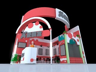 36平米展臺(tái)設(shè)計(jì)制作：二面開(kāi)口/現(xiàn)代/木質(zhì)結(jié)構(gòu)/紅色，為玩具展展商而作（免費(fèi)使用）