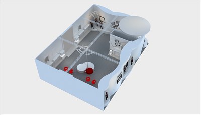 204平米展臺設(shè)計(jì)制作：二面開口/現(xiàn)代/木質(zhì)結(jié)構(gòu)/米色，為服裝展展商而作（免費(fèi)使用）