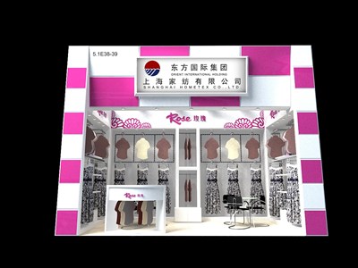 18平米展臺設(shè)計制作：一面開口/現(xiàn)代/木質(zhì)結(jié)構(gòu)/粉色，為服裝展展商而作（免費使用）