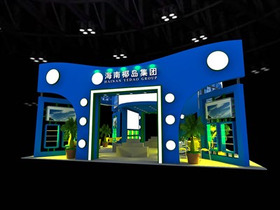 162.5平米展臺(tái)設(shè)計(jì)制作：一面開口/現(xiàn)代/木質(zhì)結(jié)構(gòu)/藍(lán)色，為食品展展商而作（免費(fèi)使用）