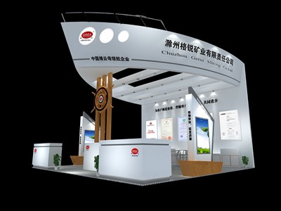 36平米展臺(tái)設(shè)計(jì)制作：三面開口/現(xiàn)代/木質(zhì)結(jié)構(gòu)/灰色，為化工展展商而作（免費(fèi)使用）