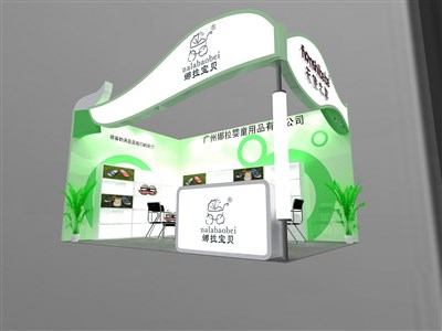 24平米展臺(tái)設(shè)計(jì)制作：二面開口/現(xiàn)代/木質(zhì)結(jié)構(gòu)/綠色，為服裝展展商而作（免費(fèi)使用）