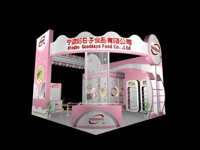 36平米展臺設(shè)計制作：三面開口/現(xiàn)代/木質(zhì)結(jié)構(gòu)/粉色，為食品展展商而作（免費(fèi)使用）