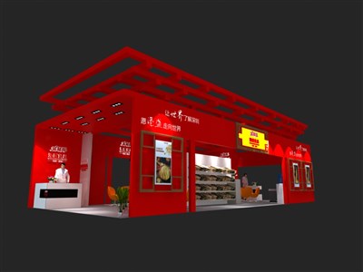78平米展臺(tái)設(shè)計(jì)制作：四面開口/中式/木質(zhì)結(jié)構(gòu)/紅色，為食品展展商而作（免費(fèi)使用）