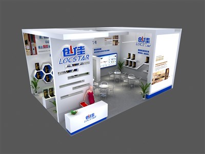 54平米展臺設(shè)計制作：二面開口/現(xiàn)代/木質(zhì)結(jié)構(gòu)/白色，為五金展展商而作（免費使用）