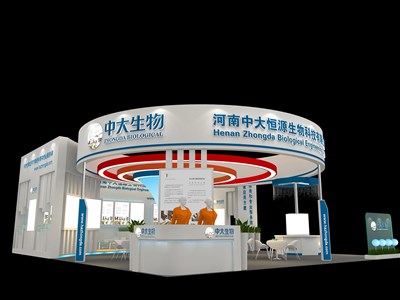 120平米展臺設計制作：二面開口/現(xiàn)代/木質結構/藍色，為醫(yī)藥展展商而作（免費使用）