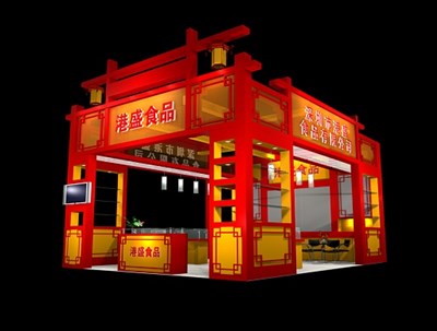 48平米展臺設(shè)計制作：三面開口/中式/木質(zhì)結(jié)構(gòu)/紅色，為食品展展商而作（免費使用）