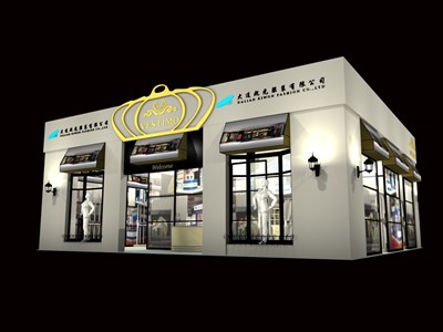 132平米展臺設(shè)計制作：一面開口/歐式/木質(zhì)結(jié)構(gòu)/米色，為服裝展展商而作（免費(fèi)使用）
