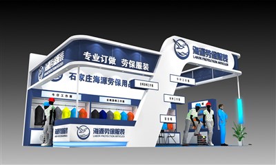 54平米展臺設(shè)計制作：三面開口/現(xiàn)代/木質(zhì)結(jié)構(gòu)/藍色，為服裝展展商而作（免費使用）