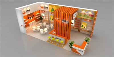 72平米展臺設計制作：二面開口/現(xiàn)代/木質(zhì)結構/橙色，為食品展展商而作（免費使用）