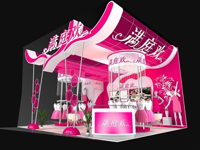 42平米展臺(tái)設(shè)計(jì)制作：二面開口/現(xiàn)代/木質(zhì)結(jié)構(gòu)/粉色，為服裝展展商而作（免費(fèi)使用）