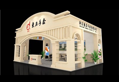 54平米展臺設計制作：三面開口/歐式/木質結構/米色，為紡織展展商而作（免費使用）