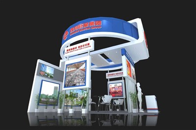 36平米展臺設(shè)計制作：三面開口/現(xiàn)代/木質(zhì)結(jié)構(gòu)/藍(lán)色，為食品展展商而作（免費(fèi)使用）