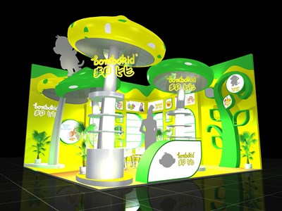 36平米展臺設(shè)計制作：二面開口/卡通/木質(zhì)結(jié)構(gòu)/黃色，為嬰幼展展商而作（免費(fèi)使用）