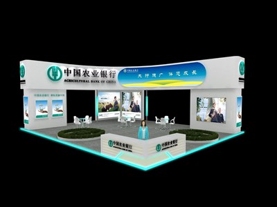 180平米展臺設計制作：二面開口/現(xiàn)代/木質結構/綠色，為金融展展商而作（免費使用）