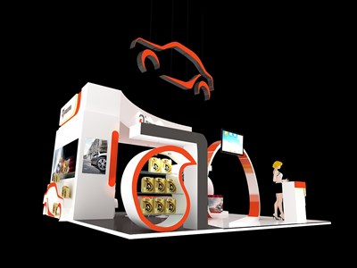 36平米展臺設(shè)計(jì)制作：三面開口/現(xiàn)代/木質(zhì)結(jié)構(gòu)/橙色，為汽配展展商而作（免費(fèi)使用）