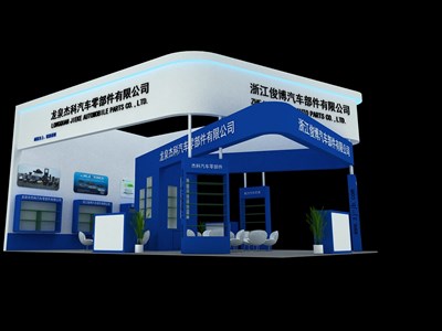 60平米展臺設(shè)計制作：三面開口/現(xiàn)代/木質(zhì)結(jié)構(gòu)/藍(lán)色，為汽配展展商而作（免費(fèi)使用）