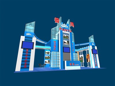 72平米展臺設(shè)計(jì)制作：四面開口/現(xiàn)代/型材結(jié)構(gòu)/藍(lán)色，為成就招商展展商而作（免費(fèi)使用）