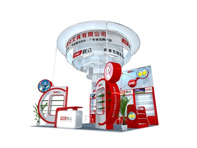 36平米展臺設(shè)計(jì)制作：三面開口/現(xiàn)代/木質(zhì)結(jié)構(gòu)/紅色，為文具圖書展展商而作（免費(fèi)使用）