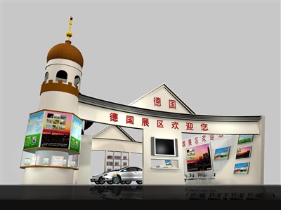 144平米展臺(tái)設(shè)計(jì)制作：三面開口/歐式/木質(zhì)結(jié)構(gòu)/米色，為成就招商展展商而作（免費(fèi)使用）