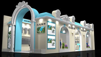 72平米展臺設(shè)計制作：二面開口/歐式/木質(zhì)結(jié)構(gòu)/白色，為服裝展展商而作（免費使用）