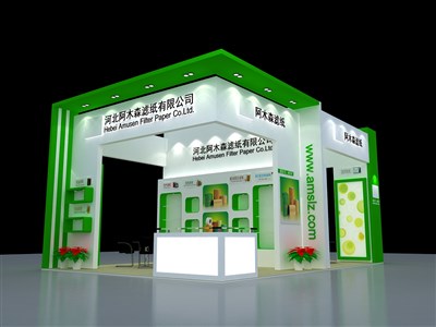 54平米展臺設計制作：四面開口/現(xiàn)代/木質(zhì)結(jié)構(gòu)/綠色，為汽配展展商而作（免費使用）